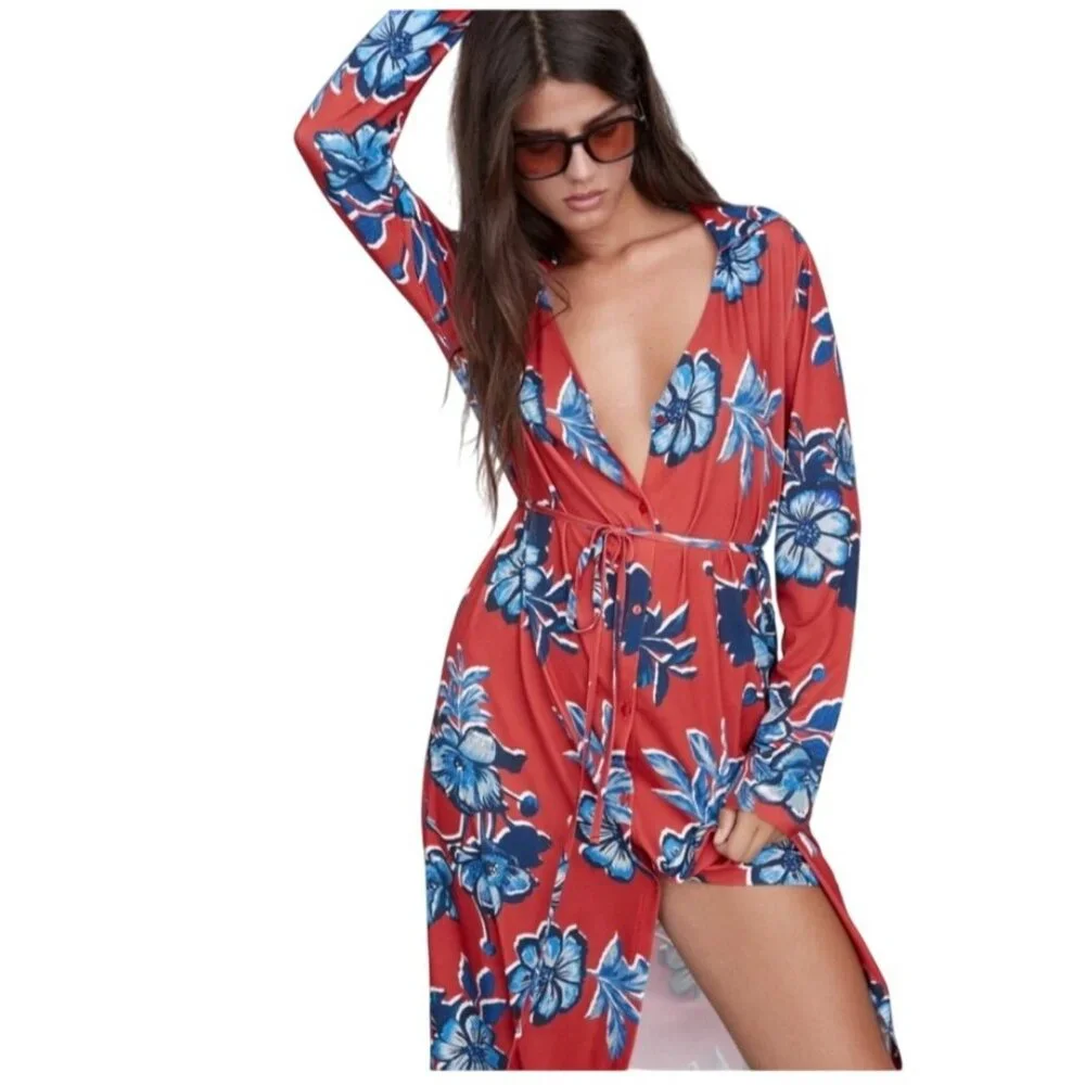 Zara Long Sleeve Shirt Dress Size L Boho Button Down Belted Red Blue Floral Midi - Picture 11 of 12